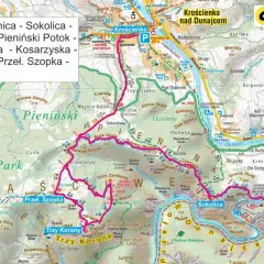 Trasa: Szczawnica, Sokolica, Sokola Perć, Trzy Korony. Mapa Pienin pokazuje szlaki i punkty widokowe.