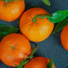Kilka soczystych mandarynek z zielonymi listkami na ciemnym tle. Idealne na zdrową przekąskę, niskokaloryczna mandarynka kcal.