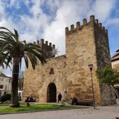 Puerta de Alcudia, Valencia, con palmeras y cielo azul.