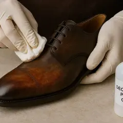Mains gantées appliquant un produit pour nourrir chaussure cuir naturellement. Un flacon de décapant pour cuir est à côté.