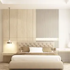 Elegante boiserie camera da letto moderna con pannelli in legno e listelli verticali, letto imbottito e illuminazione soffusa.