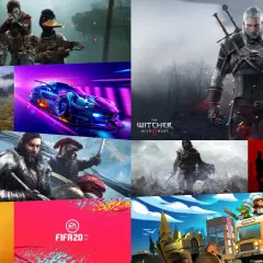Kolaż z różnorodnymi grami na pada: od postaci z gry z dzikiem i kaczką, przez wyścigówkę, Wiedźmina, po postacie z gier RPG i sportowych.