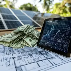 Plan instalacji fotowoltaicznej, stos banknotów i tablet z wykresem. Obliczenia pokazują, ile kosztuje fotowoltaika i jak szybko się zwraca.