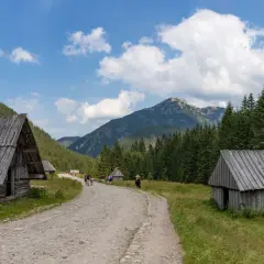 Kamienista ścieżka prowadzi przez Dolinę Chochołowską. Po bokach stoją drewniane szałasy, a w oddali widać góry i las.