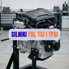 Silnik samochodowy Volkswagen TSI na stojaku, z napisem "SILNIKI FSI, TSI I TFSI".