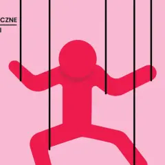 Czerwona postać jak marionetka, symbolizująca wzbudzanie poczucia winy przykłady. Logo "Psychologiczne Poniedziałki".