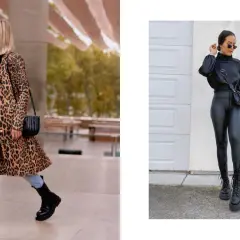 Deux femmes stylées portent des bottes. L'une arbore un manteau léopard et jean, l'autre un look cuir noir.