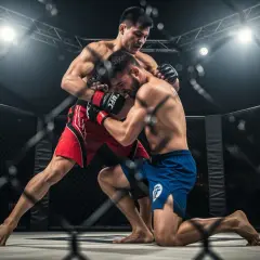 Two MMA fighters grapple in a cage. This intense scene shows the dedication required for how to train for a fight.