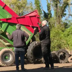 Deux hommes supervisent le déchargement d'une remorque verte remplie de pneus usagés, une étape clé du recyclage des pneus.