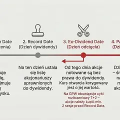 Schemat pokazuje etapy wypłaty dywidendy: ogłoszenie, dzień dywidendy, dzień odcięcia i dzień wypłaty. Dowiedz się, co to dywidenda!