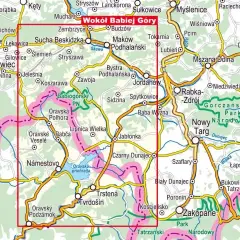 Mapa szlaków wokół Babiej Góry, z zaznaczonym Babiogórskim Parkiem Narodowym. Widoczny zielony szlak.