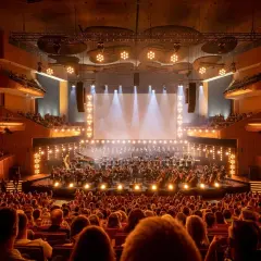 Orkiestra symfoniczna gra na scenie podczas krakowskiego festiwalu muzycznego. Widownia wypełnia salę koncertową, a światła tworzą magiczną atmosferę.