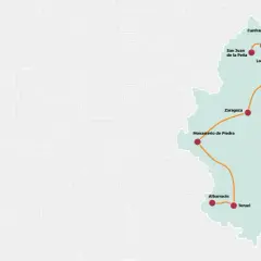 Carte d'un circuit touristique en Aragon, Espagne, reliant Zaragoza, Teruel, Albarracín, Monasterio de Piedra, Ordesa, Jaca, Canfranc, Loarre, Alquézar, Ainsa et San Juan de la Peña.