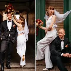 Para młoda w nowoczesnych strojach, z bukietem kwiatów. Elegancki ślub bez wesela, pełen stylu i bliskości.
