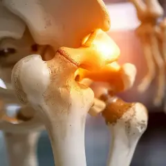 Model stawu biodrowego z zaznaczonym bólem, sugerującym reumatoidalne zapalenie stawu biodrowego.