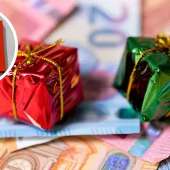 IG Metall Logo neben Geschenken auf Euro-Scheinen. Das ist das Zeichen für das Weihnachtsgeld der Metaller.
