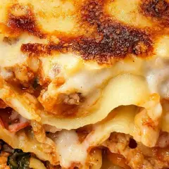 Pyszna, zapieczona lasagne orzepis z warstwami mięsa, sosu i ciągnącego się sera. Idealna na rodzinny obiad.
