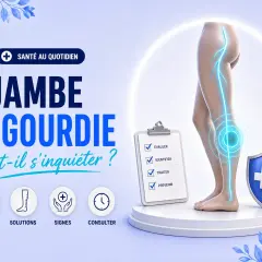 Jambe engourdie : causes, solutions, signes et quand consulter. Une illustration médicale avec une jambe, un tableau de bord et des icônes.