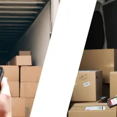 Lieferung wird per Smartphone-App mit Track & Trace Code verfolgt. Ein Mann lädt Pakete aus einem LKW.