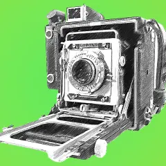 Sketch of a vintage Graflex Speed Graphic camera, ready to capture history.