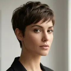 Kobieta z brązowymi włosami w fryzurze pixie cut, która podkreśla jej rysy. Idealna dla odważnych i pewnych siebie.