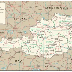 Mapa Austrii z zaznaczonym podziałem administracyjnym na kraje związkowe (Bundesland), stolice i główne miasta.