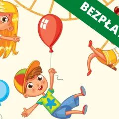 Wesołe dzieci z balonami i linami, idealne do pobrania jako darmowe karty pracy na dzień dziecka.