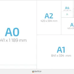 Porównanie rozmiarów papieru: A0, A1, A2, A3, A4, A5, A6 i DL. Idealne do druku plakatów i wizytówek.