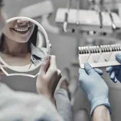 Dentysta w rękawiczkach pokazuje pacjentce wzornik kolorów zębów, pacjentka ogląda swój uśmiech w lustrze.