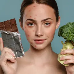 Frau mit Pickeln hält Schokolade und Brokkoli. Welche Lebensmittel helfen gegen Pickel? Brokkoli ist gesund, Schokolade oft nicht.