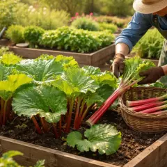 Gärtner erntet frische Rhabarberpflanzen im Hochbeet. Die roten Stiele und grünen Blätter sind bereit für die Küche.