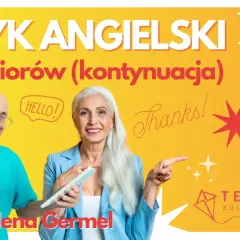 Uśmiechnięci seniorzy cieszą się nauką języka angielskiego. Kurs dla seniorów z Magdaleną Germel.