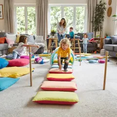 Radosny chłopiec pokonuje tor przeszkód dla dzieci diy, zbudowany z poduszek i tunelu. Mama i rodzeństwo kibicują.
