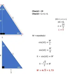 Obwód trójkąta równobocznego wzór: L=8, W=4√3. Pokazano obliczenia obwodu i wysokości.