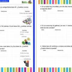 Problemas 3 primaria: ejercicios de matemáticas con imágenes de ardillas, gallinas, cromos, canicas y rotuladores.