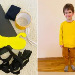 Chłopiec w żółtej bluzie i brązowych spodniach, gotowy do przebrania za pszczółkę. Obok materiały do zrobienia stroju pszczółki dla chłopca.