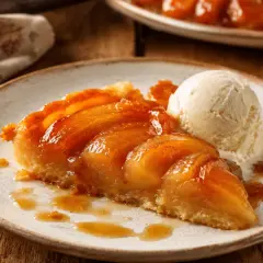 Un trozo de tatin de manzana caramelizado, con una bola de helado de vainilla, sobre un plato de cerámica.