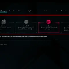 Armoury Crate zeigt GPU-Modi: Ultimate, Standard, Eco und Optimized. Die Grafikkarte wird nicht erkannt, wenn sie nicht im Eco-Modus läuft.