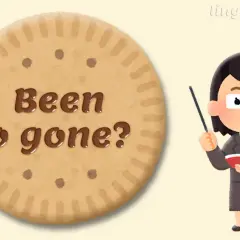 Biscotto con "Been o gone?" scritto in cioccolato, con una maestra che indica. Esempi di "been" e "gone" per imparare l'inglese.