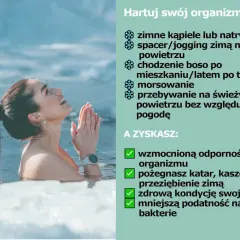 Kobieta w lodowatej wodzie, symbolizująca hartowanie organizmu. Wzmocnij odporność, pożegnaj przeziębienia.