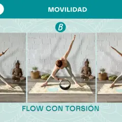 Secuencia de yoga con rueda para movilidad y torsión. Posturas A, B y C con una mujer en un estudio.