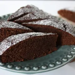 Skivor av saftig chokladkaka med kakao, pudrade med florsocker, ligger på en vacker gråblå tallrik.