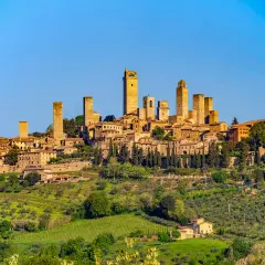 San Gimignano z wieżami, otoczone zielonymi wzgórzami Toskanii, gdzie dojrzewają winogrona na wino Vernaccia di San Gimignano.