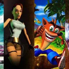 Kompilacja ikonicznych postaci z gier na PS1: bohaterowie fantasy, Lara Croft, Crash Bandicoot i Jin Kazama.
