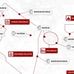 Mapa pokazuje, gdzie jest Koloseum w Rzymie, wraz z Forum Romanum i Palatynem. Wskazuje wejścia i wyjścia.