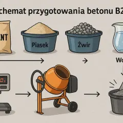 Schemat przygotowania betonu B20: cement, piasek, żwir i woda są odmierzane, mieszane w betoniarce, a następnie w wiadrze z łopatą. Kluczowe są odpowiednie proporcje betonu.