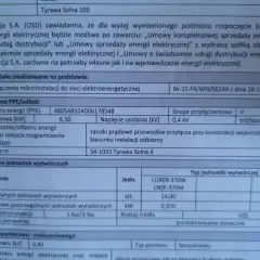 Dokument potwierdza wniosek o zwiększenie mocy przyłączeniowej dla mikroinstalacji fotowoltaicznej na Tyrawie Solnej 105.