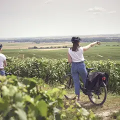 Two women on a champagne bike tour point towards rolling vineyards under a hazy sky.