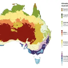 Klimazonen Australiens: Wüsten im Zentrum, tropische Zonen im Norden. Die beste Reisezeit hängt von der Region ab, wie diese Klimakarte zeigt.