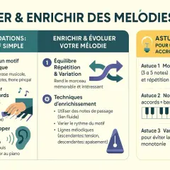 Guide pour créer une mélodie : définir un motif, utiliser les accords, développer l'oreille, équilibrer répétition et variation, et enrichir avec des notes de passage.